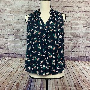 Banana Republic Navy Floral V Neck Sleeveless Blouse